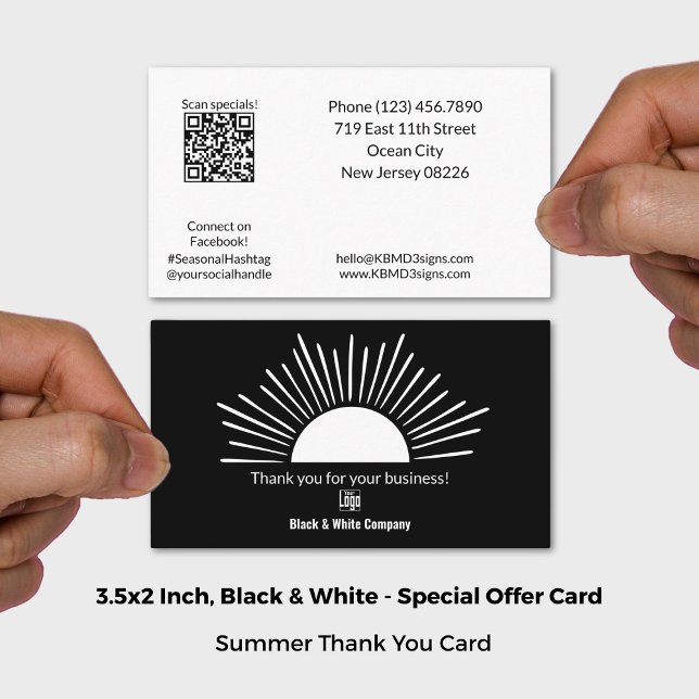 Schwarz/Weiß Sommersonnensaison Danke Visitenkarte (3.5x2 Inch, Black & White Summer Sun Season Thank You Business Card)