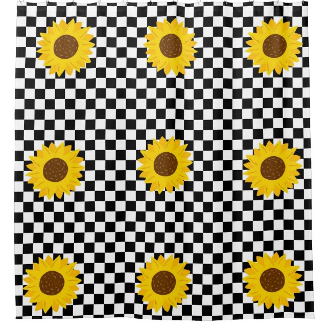 Schwarz-Weiß-Sonnenblumen Gestell der karierten Bl Duschvorhang (Vorderseite)