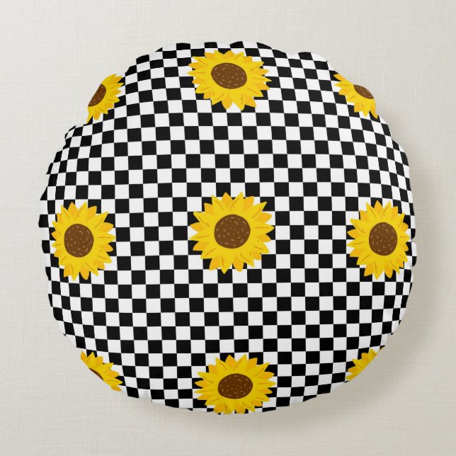 Schwarz-Weiß-Sonnenblumen Gestell der karierten Bl Rundes Kissen (Vorderseite)