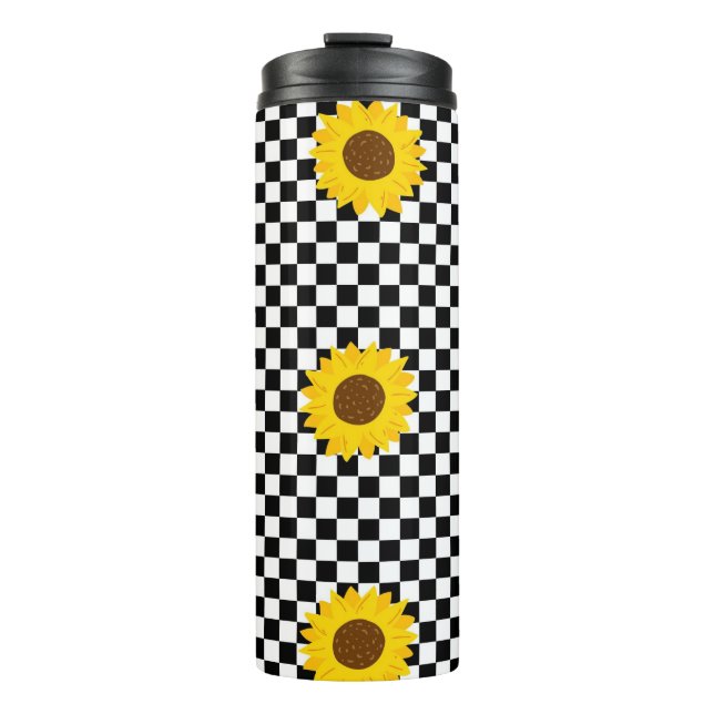 Schwarz-Weiß-Sonnenblumen Gestell der karierten Bl Thermosbecher (Vorderseite)