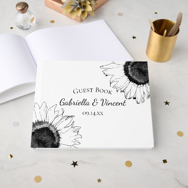 Schwarz-Weiß-Sonnenblumen Hochzeit Gästebuch (Vorderseite Offen)