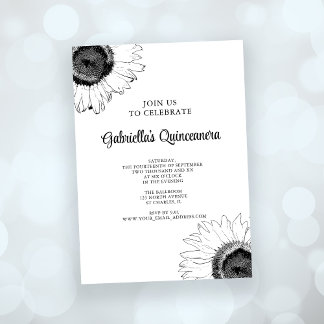 Schwarz-Weiß-Sonnenblumen-Quinceanera Einladung
