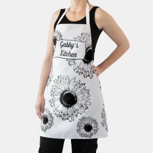 Schwarz-Weiß-Sonnenblumen-Schürze für Großdruck Schürze