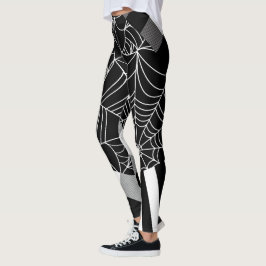 Schwarz-Weiß-Spinnennetz-Patchwork Halloween Leggings