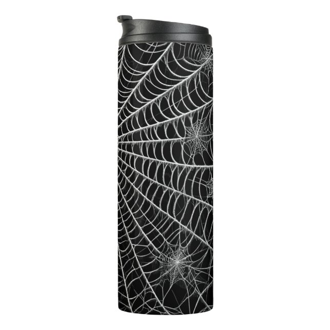 Schwarz-Weiß-Spinnennetze WebHalloween Thermosbecher (Nach rechts gedreht)