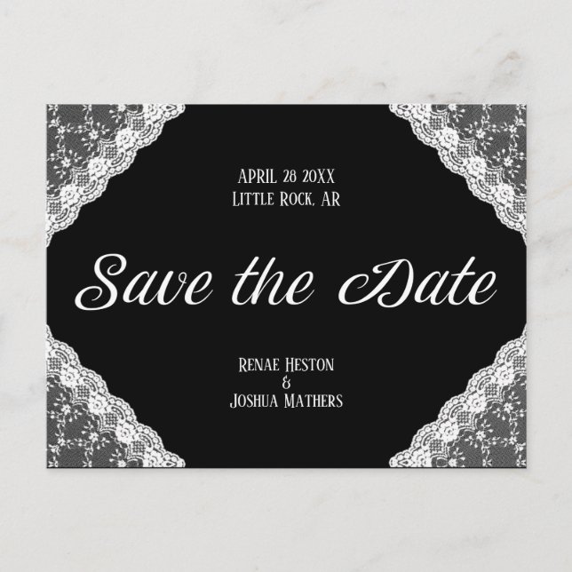 Schwarz-Weiß-Spitze Save the Date Postkarte (Vorderseite)