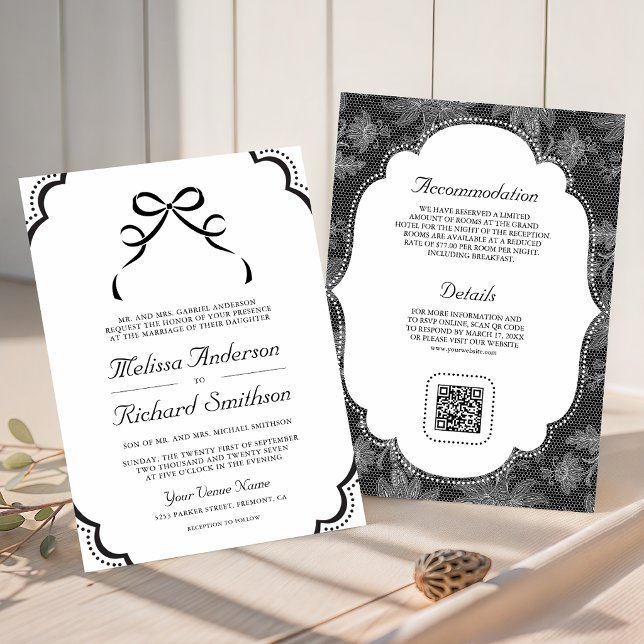 Schwarz-Weiß-Spitzen-Coquette-Bow QR-Code-Hochzeit Einladung (Von Creator hochgeladen)