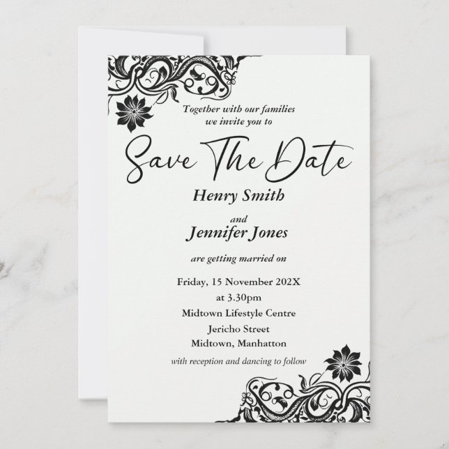 Schwarz-Weiß-Spitzen Save the Date Einladung (Vorderseite)
