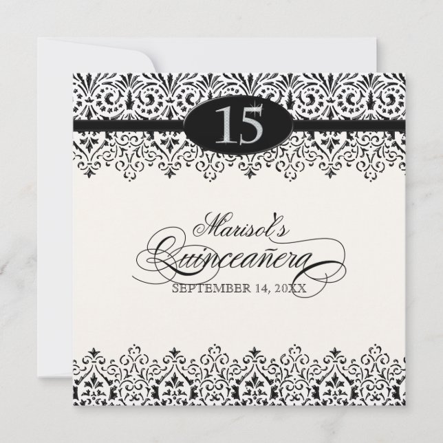 Schwarz-Weiß-Spitzen Silver 15. Quinceanera Einladung (Vorderseite)