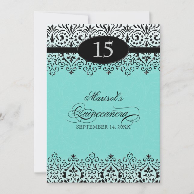 Schwarz-Weiß-Spitzen Silver 15. Quinceanera Einladung (Vorderseite)