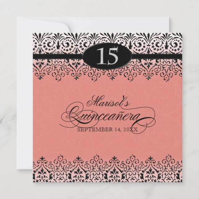 Schwarz-Weiß-Spitzen Silver 15. Quinceanera Einladung (Vorderseite)