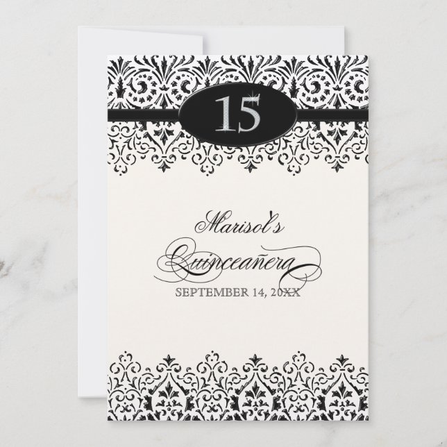 Schwarz-Weiß-Spitzen Silver 15. Quinceanera Einladung (Vorderseite)