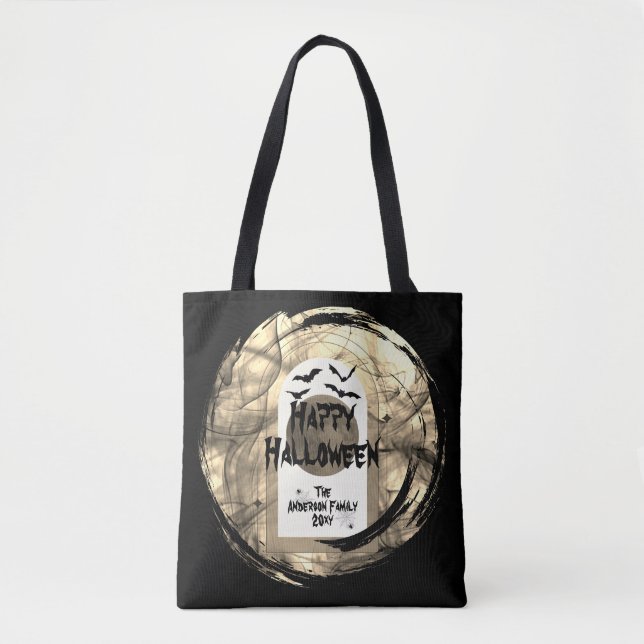Schwarz-Weiß Spoky Bats Moon Happy Halloween Tasche (Vorderseite)