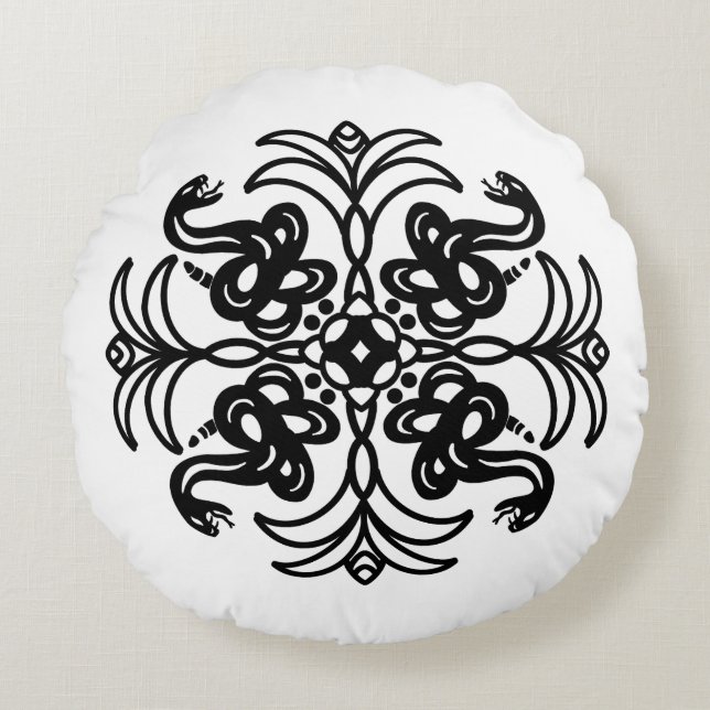 Schwarz-Weiß-Stamm-Schlange Mandala Rundes Kissen (Vorderseite)