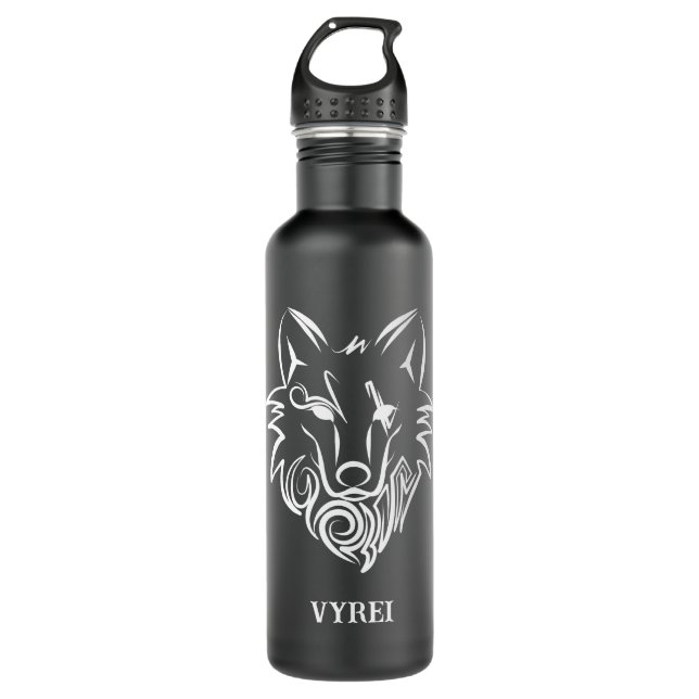 Schwarz-Weiß-Stammes-Wolf Edelstahlflasche (Vorderseite)