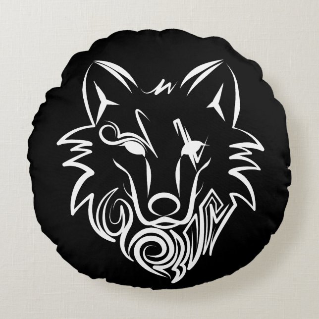Schwarz-Weiß-Stammes-Wolf Rundes Kissen (Vorderseite)