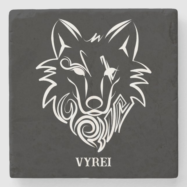 Schwarz-Weiß-Stammes-Wolf Steinuntersetzer (Vorderseite)