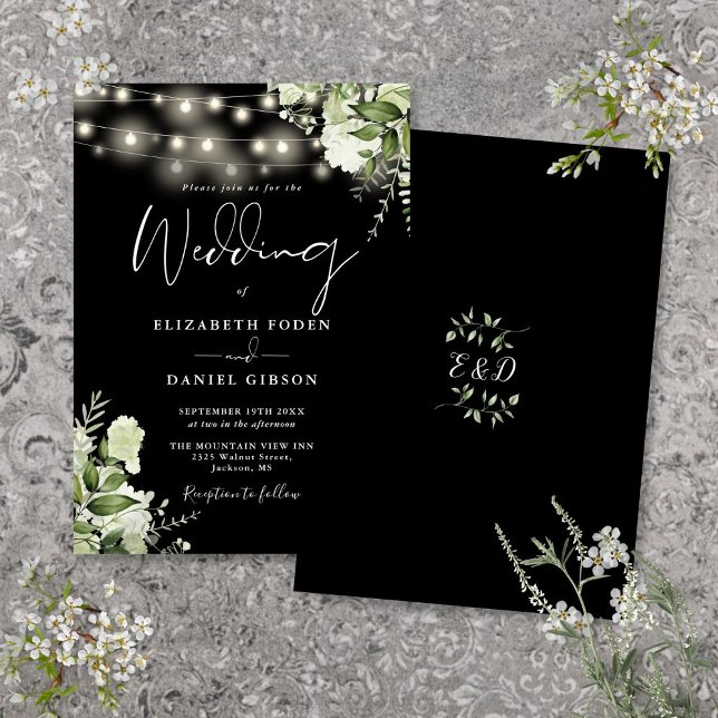 Schwarz-Weiß-Streichellichtblumen Einladung (Black And White String Lights Floral Wedding Invitation)