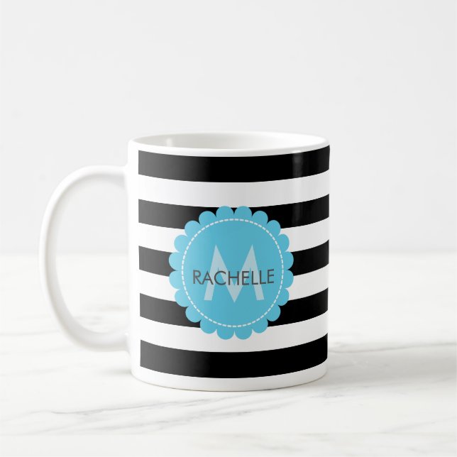 Schwarz, Weiß, Streifen Blue Blume Monogramm Name. Kaffeetasse (Links)