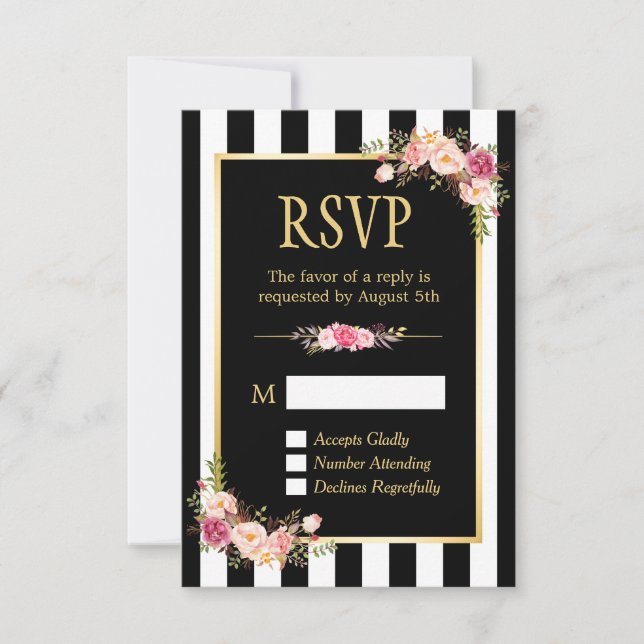 Schwarz-Weiß-Streifen Blume Gold-Rahmen-UAWG RSVP Karte (Vorderseite)
