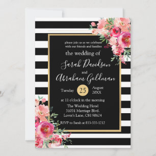 Schwarz-Weiß-Streifen Blumen Rosen Hochzeit Einladung