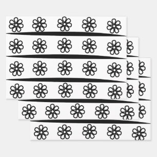 Schwarz-Weiß-Streifen Blumenmuster Geschenkpapier Set