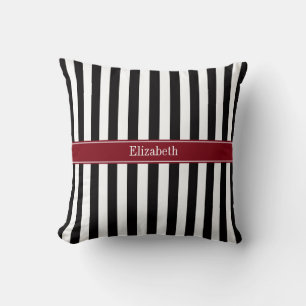 Schwarz Weiß Streifen Burgunder Band Name Monogram Kissen