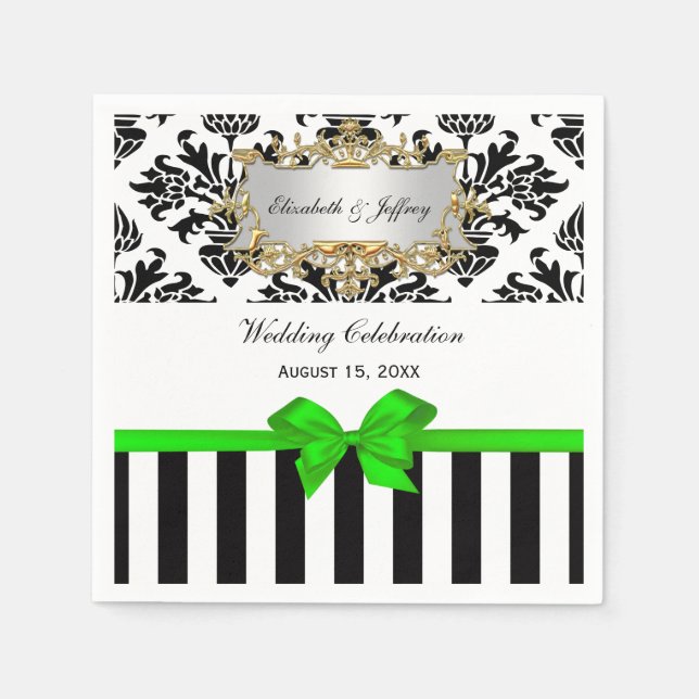 Schwarz-weiß Streifen Damask Limette Green Ribbon Serviette (Vorderseite)