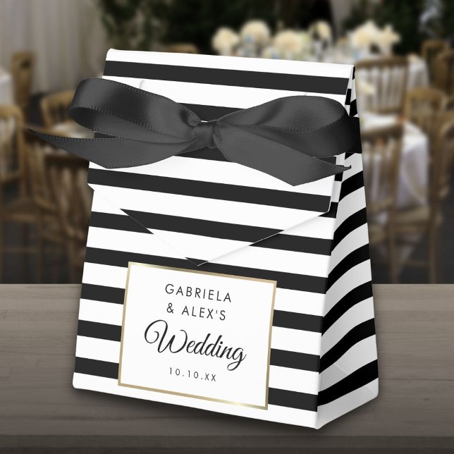 Schwarz-Weiß-Streifen Elegante Hochzeit Gold Geschenkschachtel (Black And White Stripe Elegant Gold Wedding Favor Box)