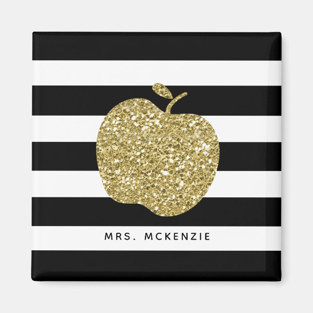 Schwarz-Weiß-Streifen Gold Apple Lehrer Magnet (Vorne)