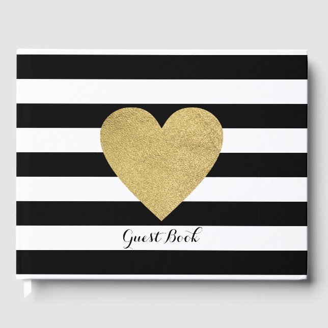Schwarz & Weiß Streifen Gold Foil Herzenbuch Gästebuch (Vorderseite)
