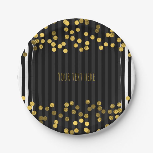 Schwarz-Weiß-Streifen Gold-Imitate Foil-Punkte Pappteller (Vorderseite)