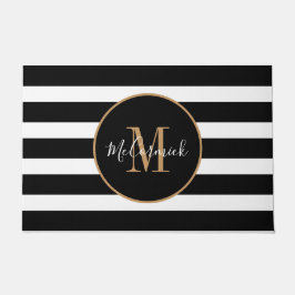 Schwarz-Weiß Streifen Gold Monogramm Fußmatte