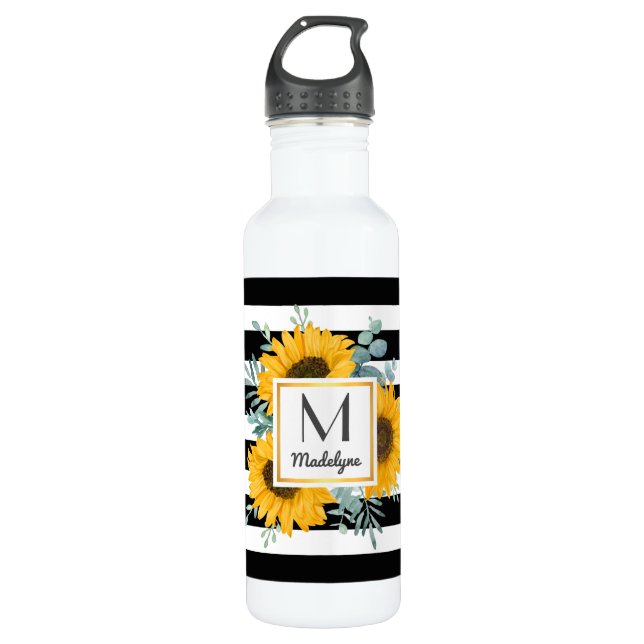 Schwarz-weiß Streifen Gold Sonnenblumen Personalis Edelstahlflasche (Vorderseite)