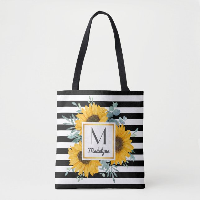 Schwarz-weiß Streifen Gold Sonnenblumen Personalis Tasche (Vorderseite)