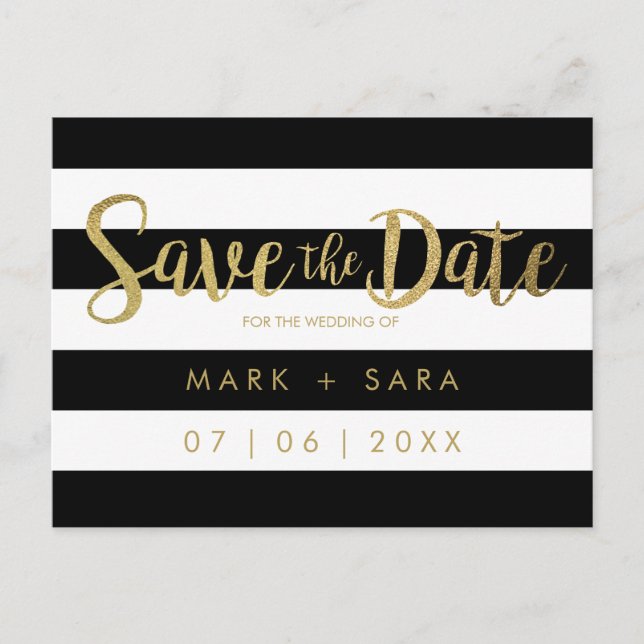 Schwarz-Weiß Streifen Goldfolie Save the Date Ankündigungspostkarte (Vorderseite)