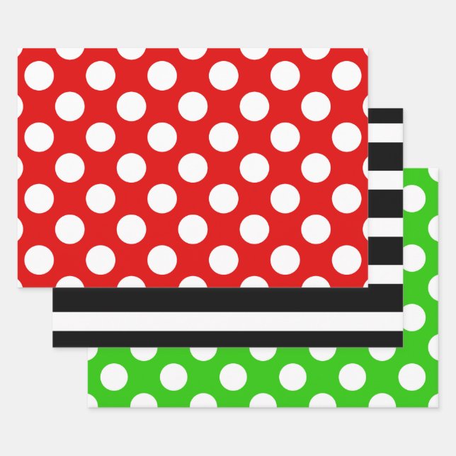 Schwarz-Weiß-Streifen Grüner Polka-Dot Geschenkpapier Set (Set)