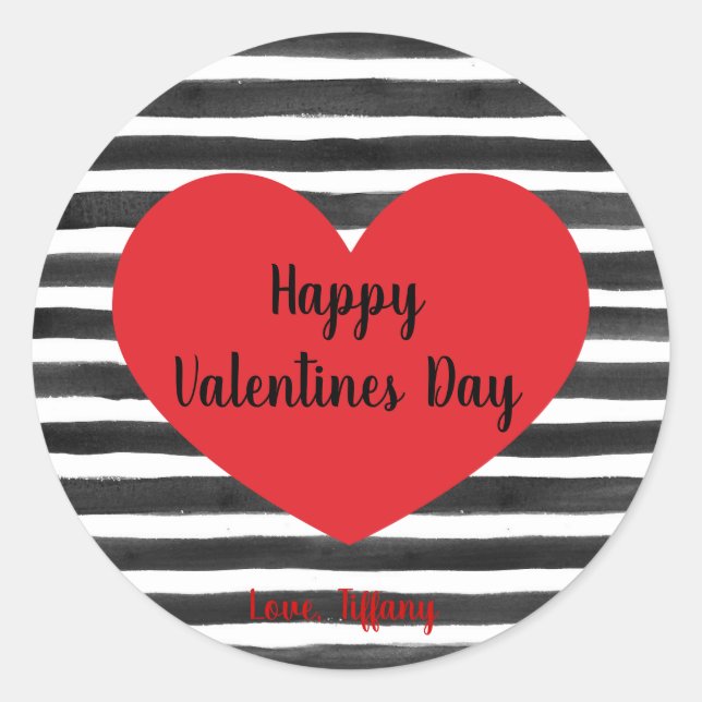 Schwarz-Weiß Streifen Happy Valentines Day Runder Aufkleber (Vorderseite)