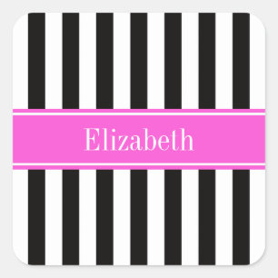 Schwarz Weiß Streifen Heiß Rosa Band Name Monogram Quadratischer Aufkleber
