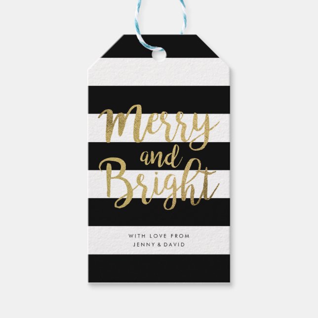 Schwarz/Weiß Streifen "Merry & Bright" Weihnachten Geschenkanhänger (Vorderseite)