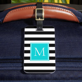 Schwarz-Weiß-Streifen mit Aqua-Monogramm Gepäckanhänger