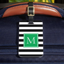 Schwarz-Weiß-Streifen mit Kellygrünem Monogramm Gepäckanhänger