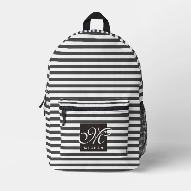 Schwarz-Weiß-Streifen - Mit Monogramm Bedruckter Rucksack (Vorderseite)