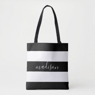 Schwarz-Weiß-Streifen mit Namens-Typografie Tasche