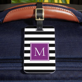 Schwarz-Weiß-Streifen mit Pflaumen-Monogramm Gepäckanhänger