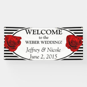 Schwarz-Weiß-Streifen mit Rose-Hochzeitsbanner Banner