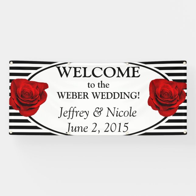 Schwarz-Weiß-Streifen mit Rose-Hochzeitsbanner Banner (Horizontal)