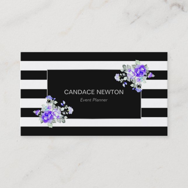 Schwarz-Weiß-Streifen mit Silver & Lavender-Rose Visitenkarte (Vorderseite)