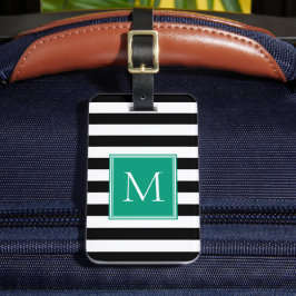 Schwarz-Weiß-Streifen mit Smaragd-Monogramm Gepäckanhänger