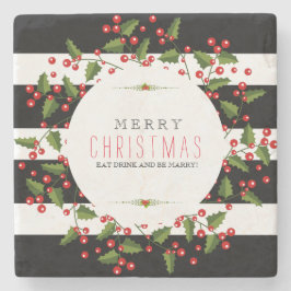 Schwarz-Weiß-Streifen mit Weihnachtskranz Steinuntersetzer